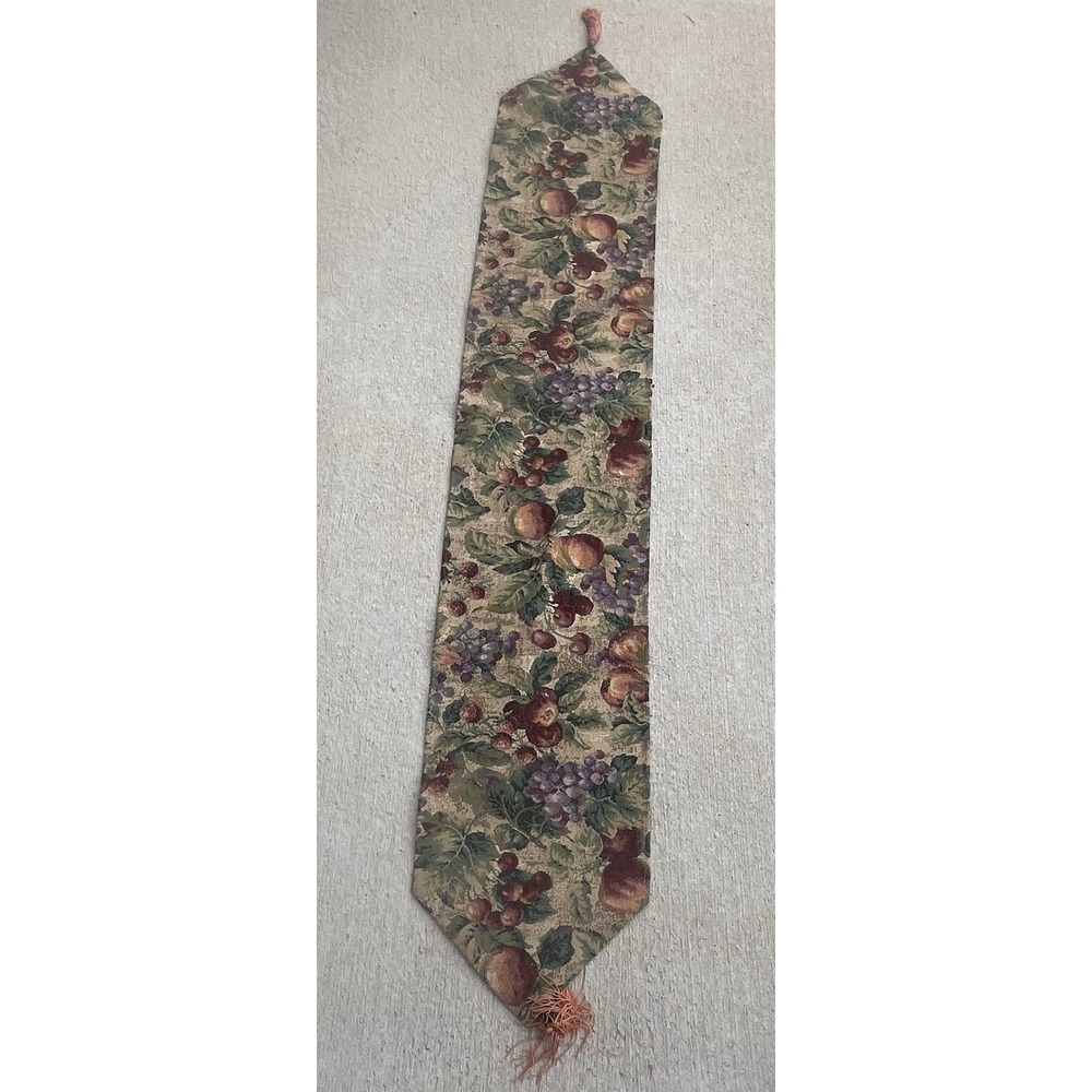 Vintage woven Tapestry Fruit Floral Table Runner Tassels cottagecore dark academ